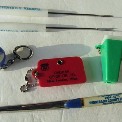 Lot 572:  Neat Junk Drawer Lot, Coin Key Ring, Hershey's Fondu Forks, Compas Key Ring, More