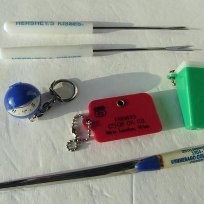 Lot 572:  Neat Junk Drawer Lot, Coin Key Ring, Hershey's Fondu Forks, Compas Key Ring, More