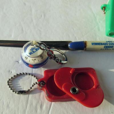Lot 572:  Neat Junk Drawer Lot, Coin Key Ring, Hershey's Fondu Forks, Compas Key Ring, More
