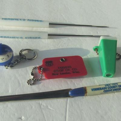 Lot 572:  Neat Junk Drawer Lot, Coin Key Ring, Hershey's Fondu Forks, Compas Key Ring, More