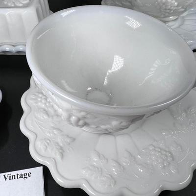 Westmoreland Milk Glass cups, saucers plates grape vine Pattern