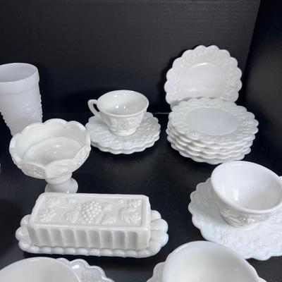 Westmoreland Milk Glass cups, saucers plates grape vine Pattern