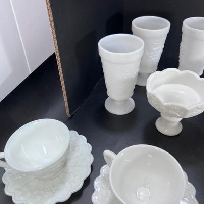 Westmoreland Milk Glass cups, saucers plates grape vine Pattern
