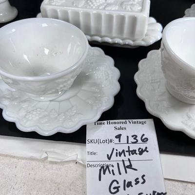 Westmoreland Milk Glass cups, saucers plates grape vine Pattern