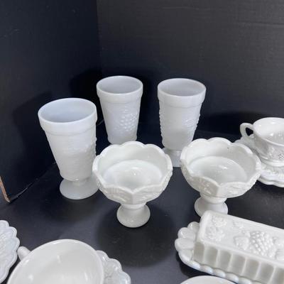 Westmoreland Milk Glass cups, saucers plates grape vine Pattern