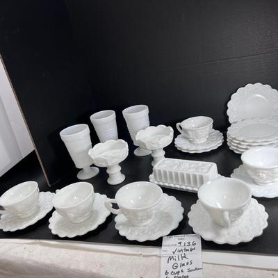 Westmoreland Milk Glass cups, saucers plates grape vine Pattern