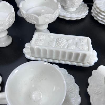 Westmoreland Milk Glass cups, saucers plates grape vine Pattern