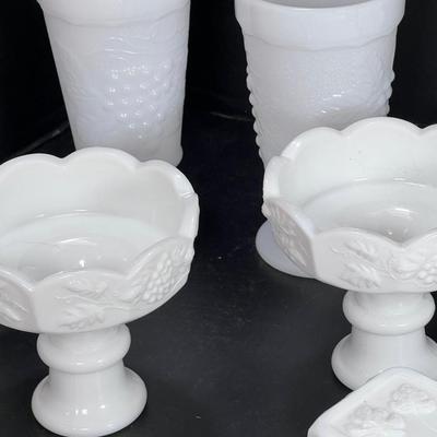 Westmoreland Milk Glass cups, saucers plates grape vine Pattern