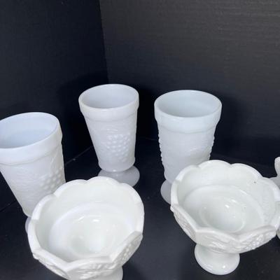 Westmoreland Milk Glass cups, saucers plates grape vine Pattern
