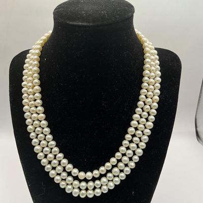 743 Triple Strand of 6mm Pearl Necklace with Silver Clap