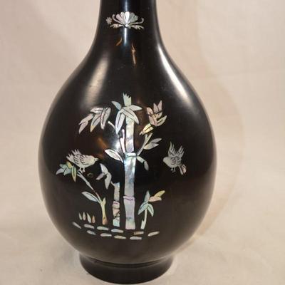 Black Lacquered Brass Vase with Mother of Pearl Inlay 12.5"