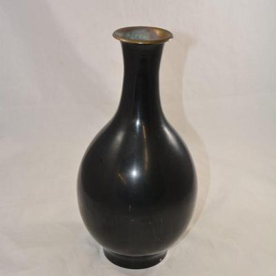 Black Lacquered Brass Vase with Mother of Pearl Inlay 12.5"