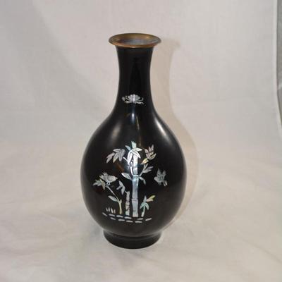 Black Lacquered Brass Vase with Mother of Pearl Inlay 12.5"