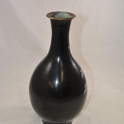 Black Lacquered Brass Vase with Mother of Pearl Inlay 12.5"