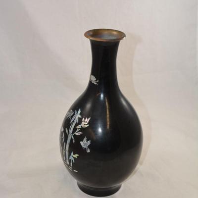 Black Lacquered Brass Vase with Mother of Pearl Inlay 12.5"