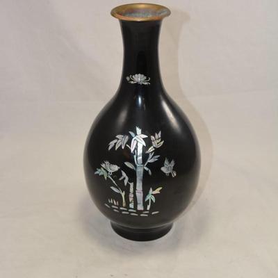 Black Lacquered Brass Vase with Mother of Pearl Inlay 12.5"