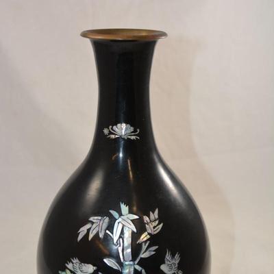 Black Lacquered Brass Vase with Mother of Pearl Inlay 12.5"