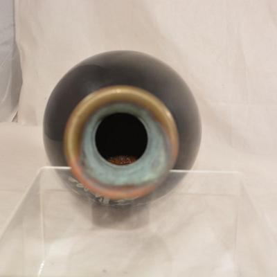 Black Lacquered Brass Vase with Mother of Pearl Inlay 12.5"