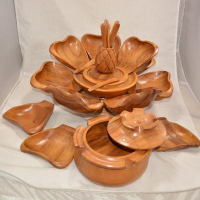 Monkey Pod Lotus Spinning Salad/Snack Bowl with Utensils