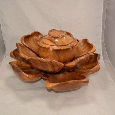Monkey Pod Lotus Spinning Salad/Snack Bowl with Utensils