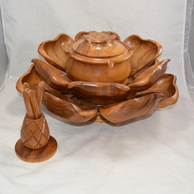Monkey Pod Lotus Spinning Salad/Snack Bowl with Utensils
