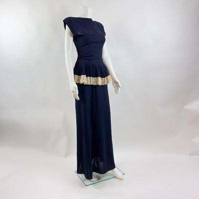774 Vintage Navy Blue Cocktail Dress with Lace Trim