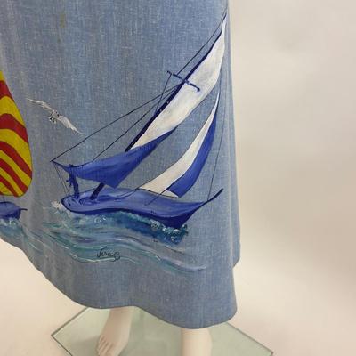 776 Vintage Blue Wrap Skirt with Hand-painted Sailboats