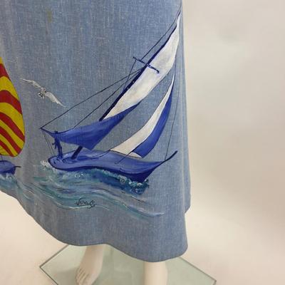776 Vintage Blue Wrap Skirt with Hand-painted Sailboats