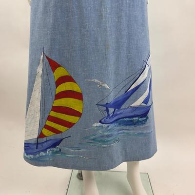 776 Vintage Blue Wrap Skirt with Hand-painted Sailboats