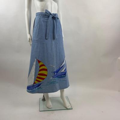 776 Vintage Blue Wrap Skirt with Hand-painted Sailboats