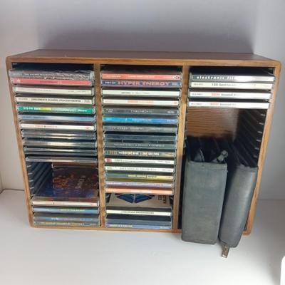Variety of music on CD with wooden CD organizer and two travel multi - cd case organizers ONE SIGNED!