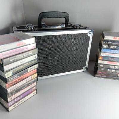 Great music on cassette tape - some classics!  with sturdy black handled case