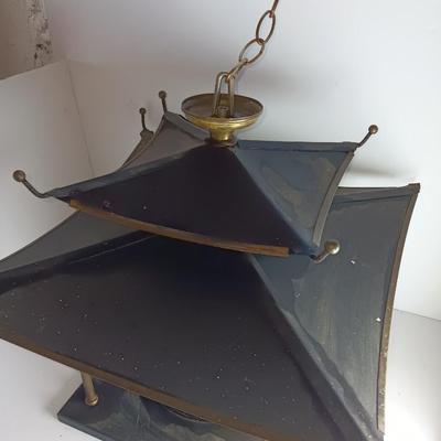 Vintage Metal 1970s Pagoda Chandelier hanging light Mid-century collectible!