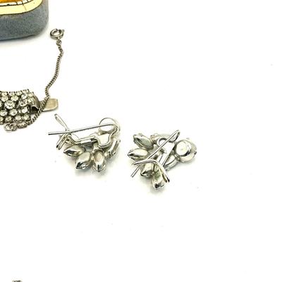 747 Vintage Black Rhinestone Bracelet with Wingback Rhinestone Earrings