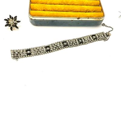 747 Vintage Black Rhinestone Bracelet with Wingback Rhinestone Earrings