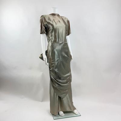 780 Vintage Satin Metallic Green Evening Dress