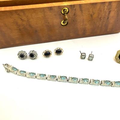 751 Wooden Jewelry Box with Costume and Silver Topaz Bracelet