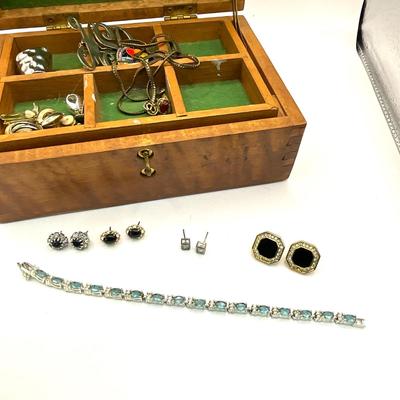 751 Wooden Jewelry Box with Costume and Silver Topaz Bracelet