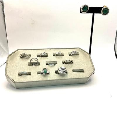 754 Lot of Silver Rings with Malachite Silver Earrings