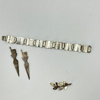 762 Vintage Peruvian Bracelet , Leaf Brooch, Two Silver Markers