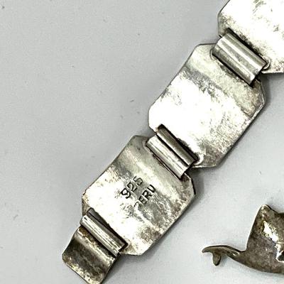 762 Vintage Peruvian Bracelet , Leaf Brooch, Two Silver Markers