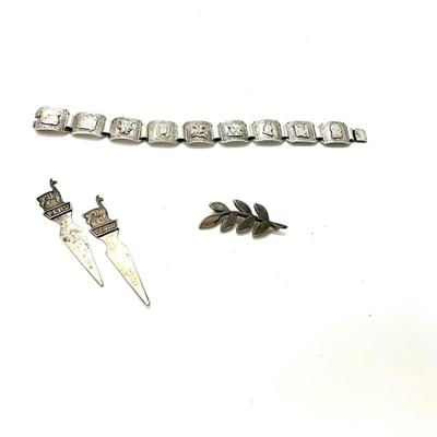 762 Vintage Peruvian Bracelet , Leaf Brooch, Two Silver Markers
