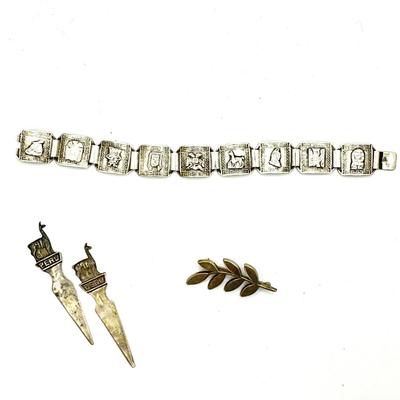 762 Vintage Peruvian Bracelet , Leaf Brooch, Two Silver Markers