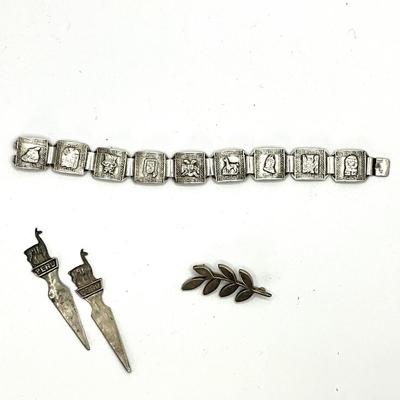 762 Vintage Peruvian Bracelet , Leaf Brooch, Two Silver Markers