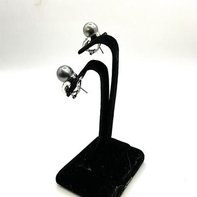 766 14k White Gold Black Pearl and Diamond Earrings