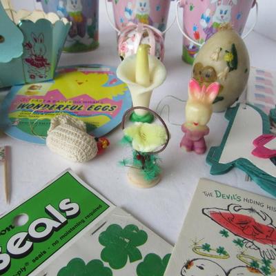 Lot 624:  Large Lot Vintage Easter and St. Patricks Day Collectiblesm Dennison Seals, Cotton Chicks, More