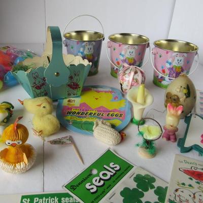 Lot 624:  Large Lot Vintage Easter and St. Patricks Day Collectiblesm Dennison Seals, Cotton Chicks, More