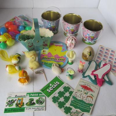 Lot 624:  Large Lot Vintage Easter and St. Patricks Day Collectiblesm Dennison Seals, Cotton Chicks, More
