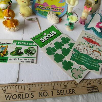 Lot 624:  Large Lot Vintage Easter and St. Patricks Day Collectiblesm Dennison Seals, Cotton Chicks, More