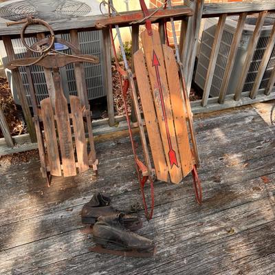 2 Antique Sleds, Ice Skates Lot